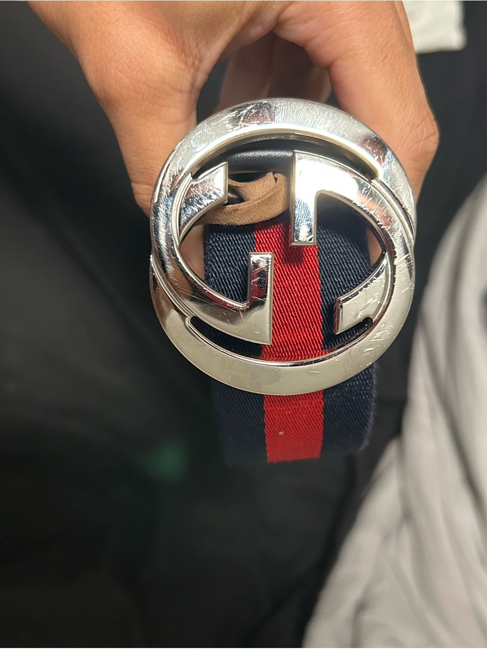 Gucci Black Leather Belt with Red and Navy Webbing and Silver Double-G Buckle